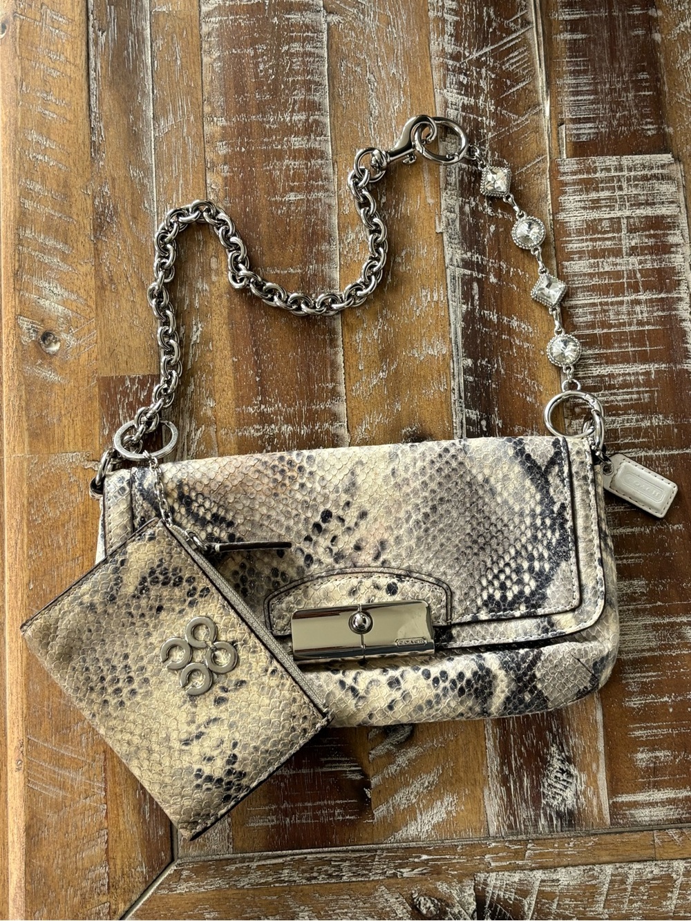 🐍🤎Y2K Python Embossed COACH Kristin Large Wristlet Mini Bag Set🤎🐍